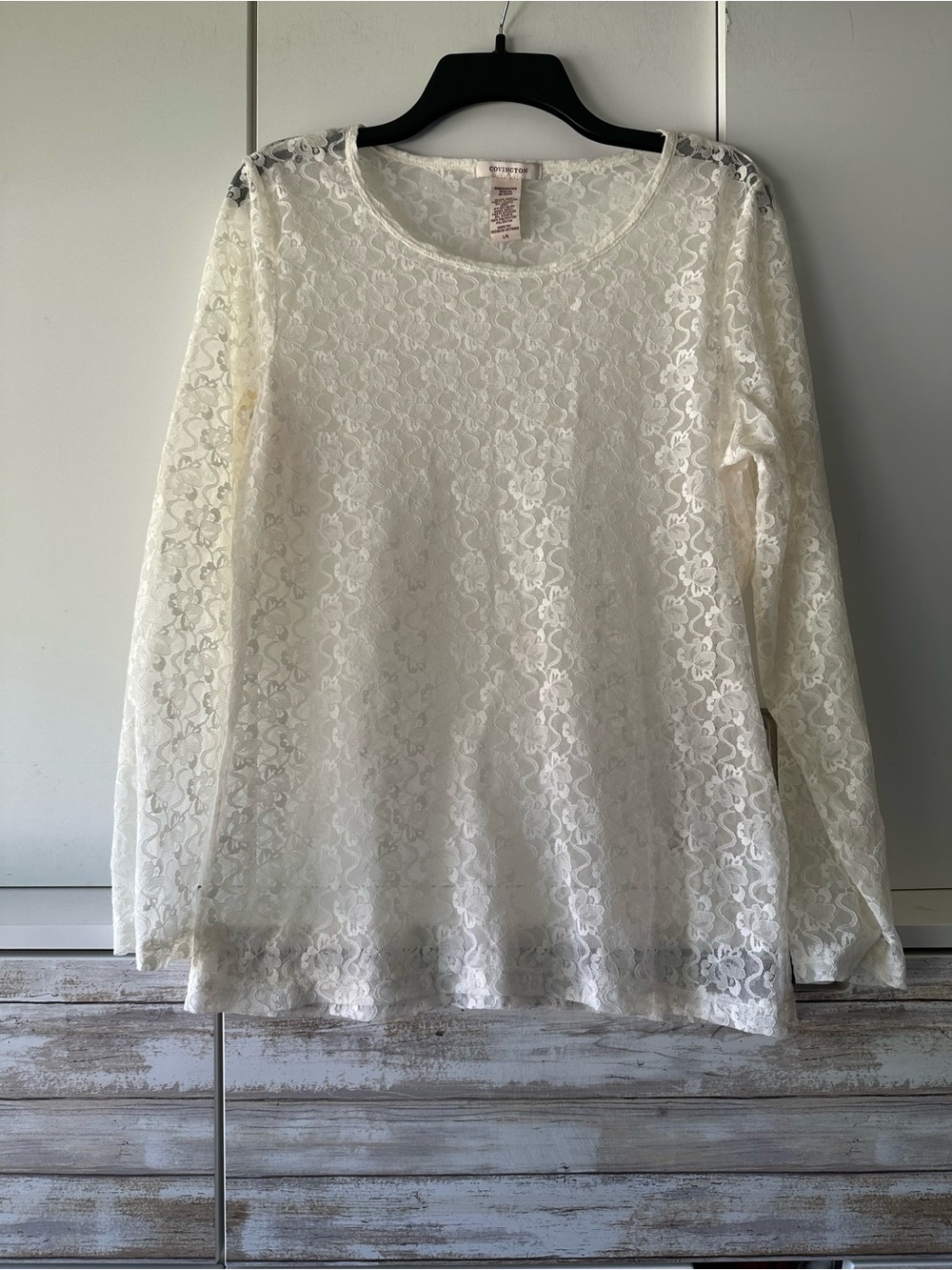 🤍 Covington Lace Blouse Ivory Floral Sheer Long Sleeve Top Large 🤍
